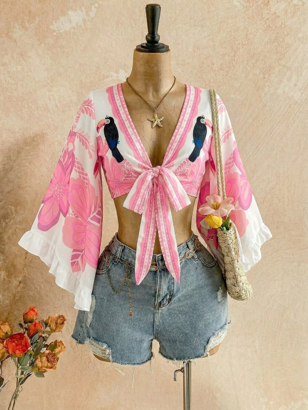 Pink Women's Boho Casual Vacation Tie-Front Leopard Print Shirt